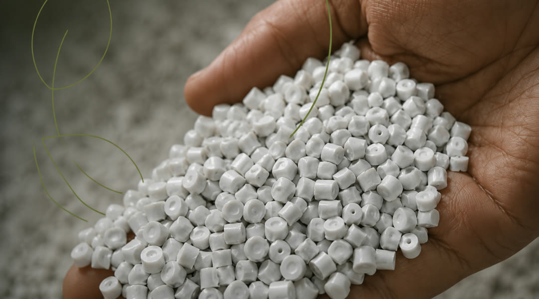 Una mano sostiene un puñado de pellet de plástico reciclado, de grano cilíndrico, sobre un lecho del mismo material
